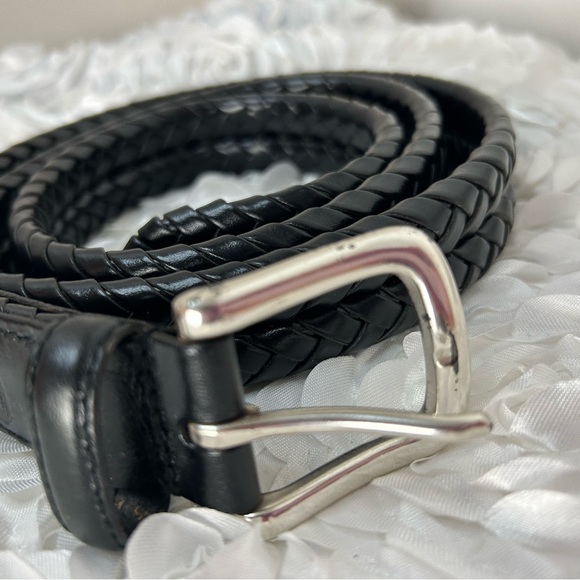 Fossil Black‎ Leather Basket Weave Belt Silvertone Metal Buckle - Picture 2 of 13